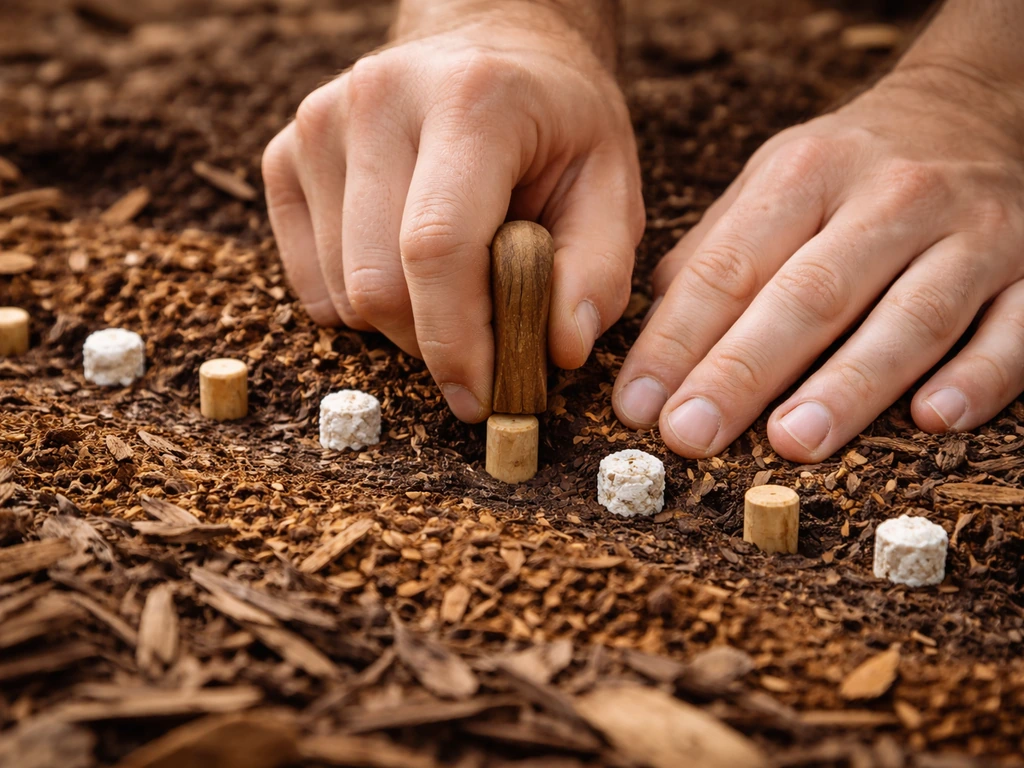 Close-up of hands pressing plug-spawn dowels and small cake pieces into holes in a wood-chip bed.