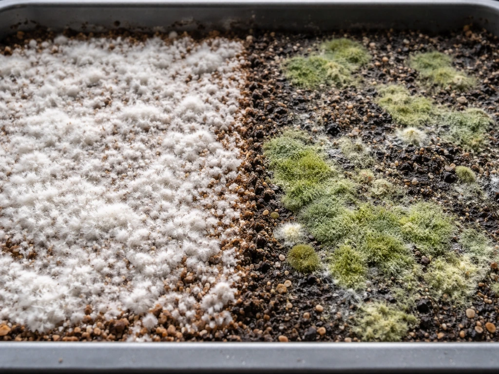 Close-up of mushroom growing trays showing healthy white colonization beside green and dark mold