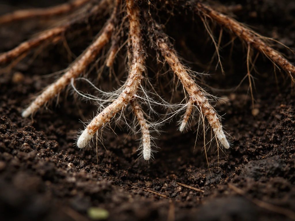 Closeup of pine fine roots with white mycorrhizal fungal coating and fine root tips in soil