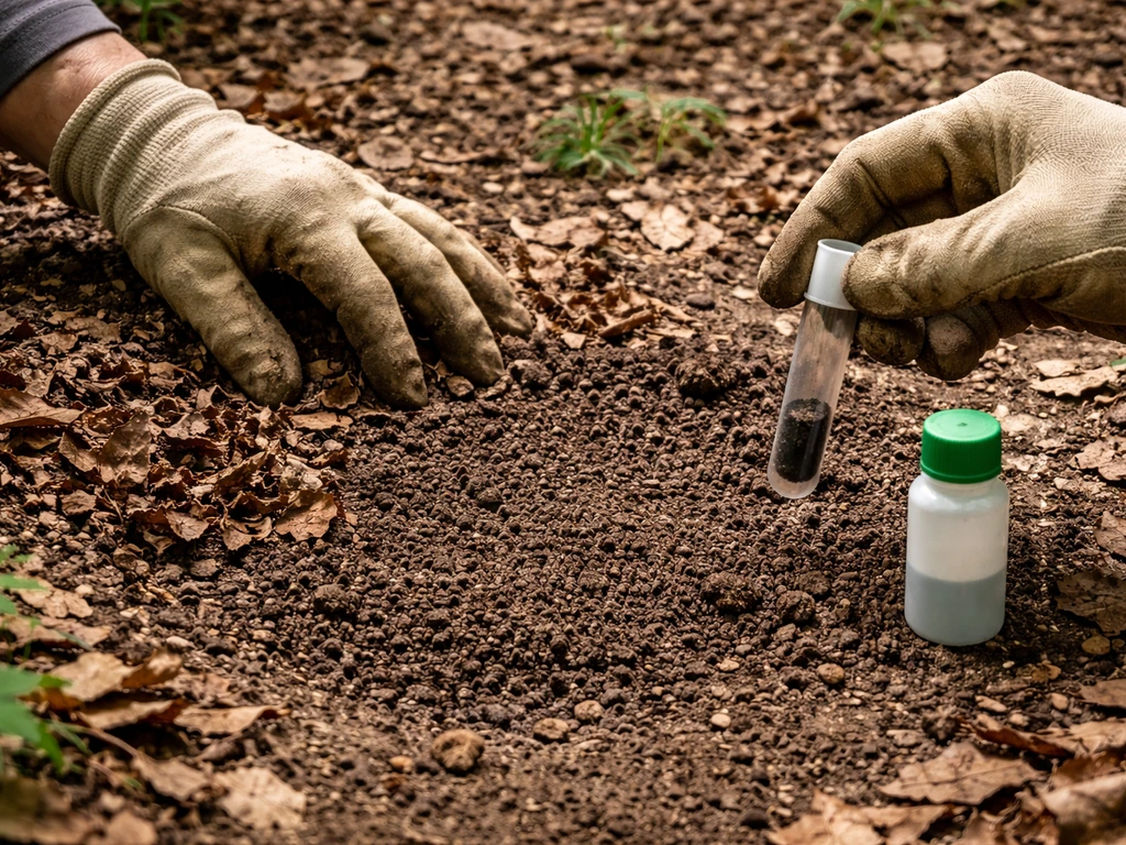 Gloved hands preparing a small leaf-litter planting bed while using a soil pH test kit.