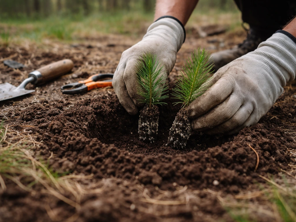 Gloved hands placing pre-inoculated pine seedlings into a cleared planting spot outdoors.