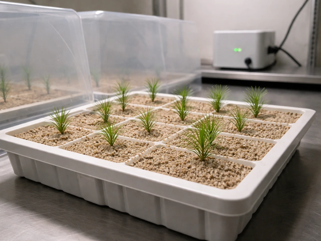 Indoor grow setup with pine seedlings in clean containers under controlled humidity near equipment