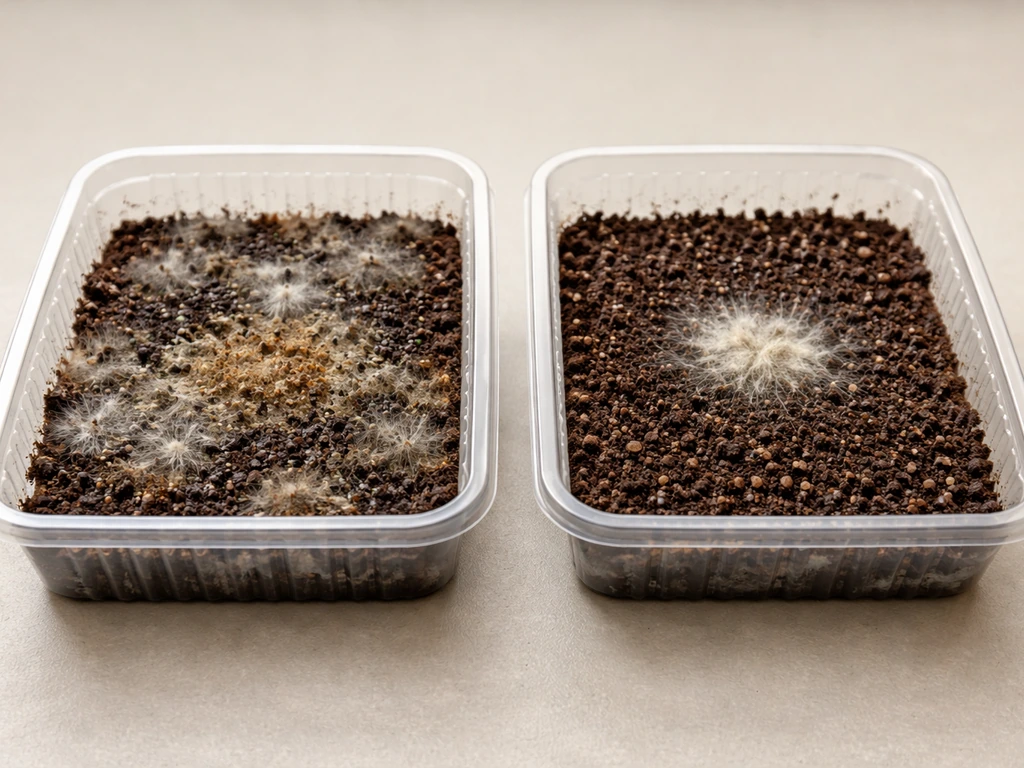 Two close-up soil trays side by side: one with fuzzy contamination, one with faint slow mycelium growth.