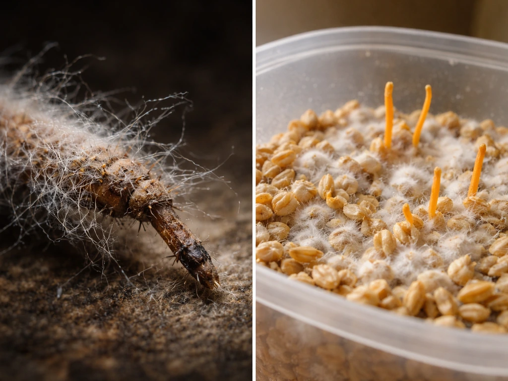 Macro photo split view of fungal threads on insect leg and cultivated cordyceps-like growth on grain substrate