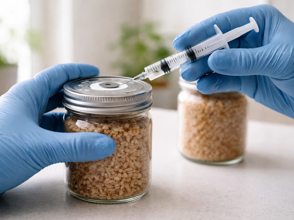 Close-up of gloved hands injecting liquid culture into prepared rice substrate jars