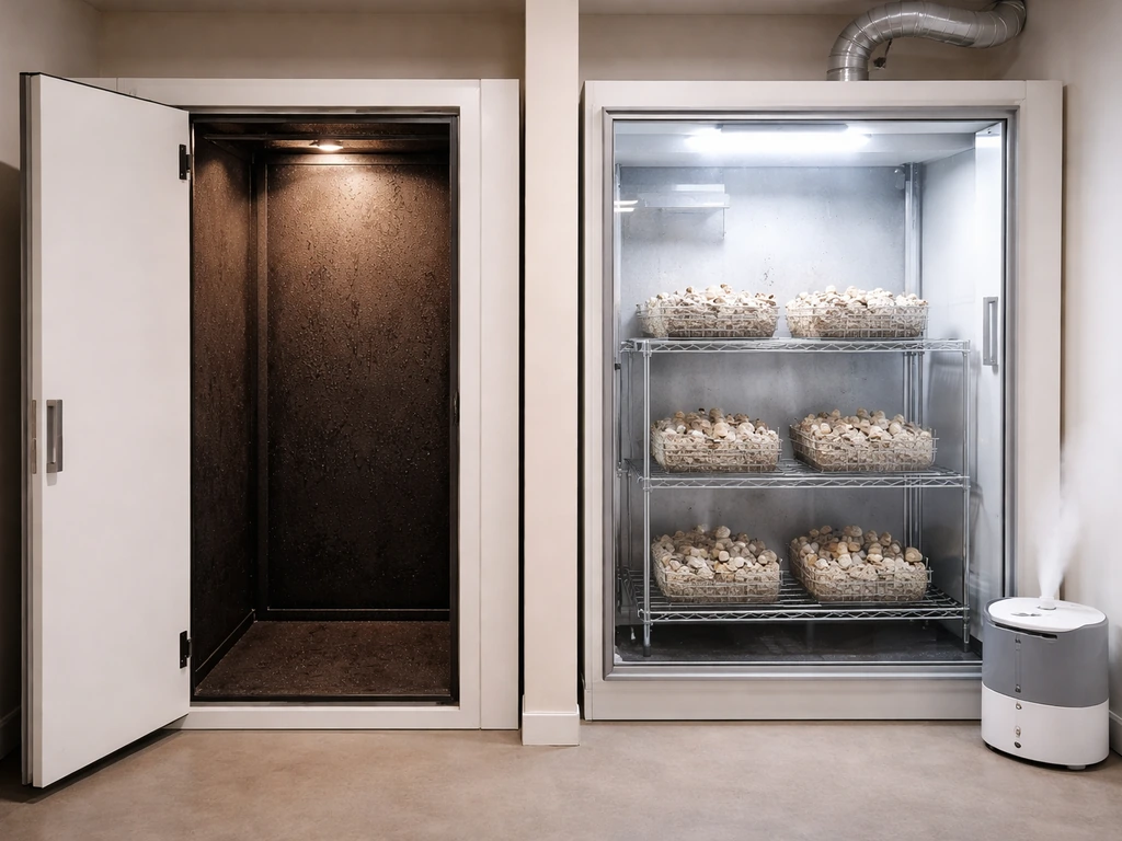 Two separated indoor grow chambers: a dark warm cabinet beside a brighter humid fruiting chamber.