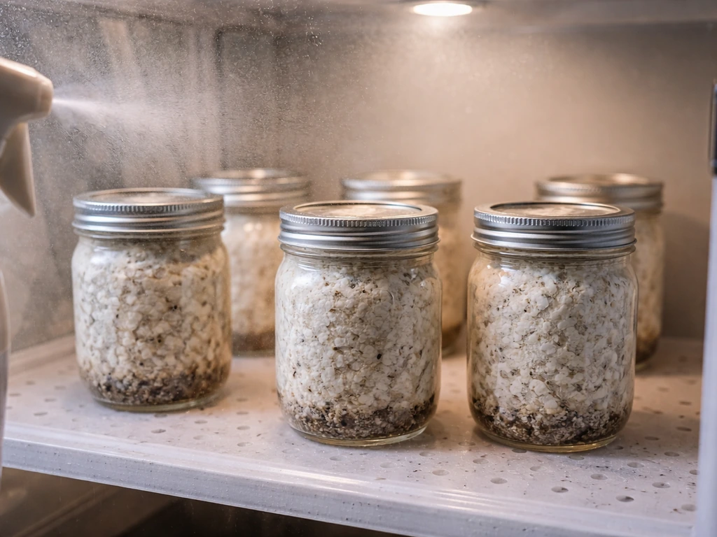 Colonized grow jars placed in a misted fruiting chamber under soft light, with minimal setup visible.