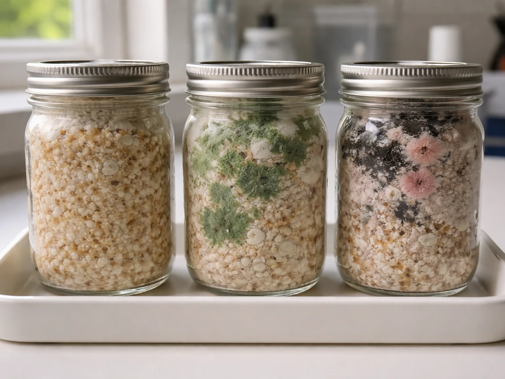 Two lab jars on a tray: one clean amber-colonized sample and one with green/black/pink fuzzy contamination.