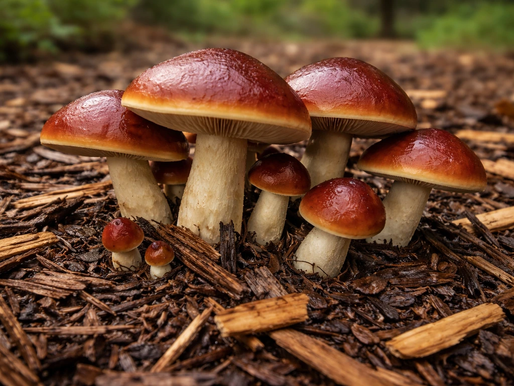 Wine cap mushrooms with reddish-brown caps growing on an outdoor wood-chip bed.