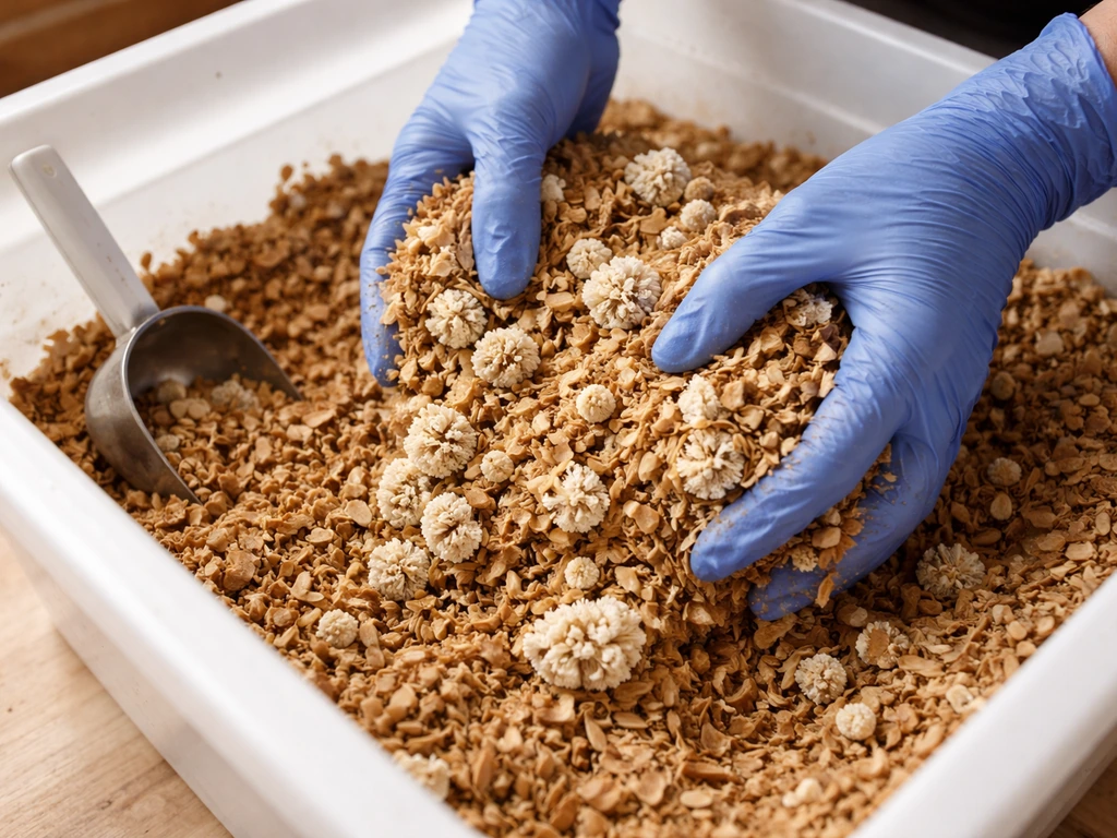 Hands mixing colonized spawn into cooled wood chips in a clean bin, spawn pieces visible.