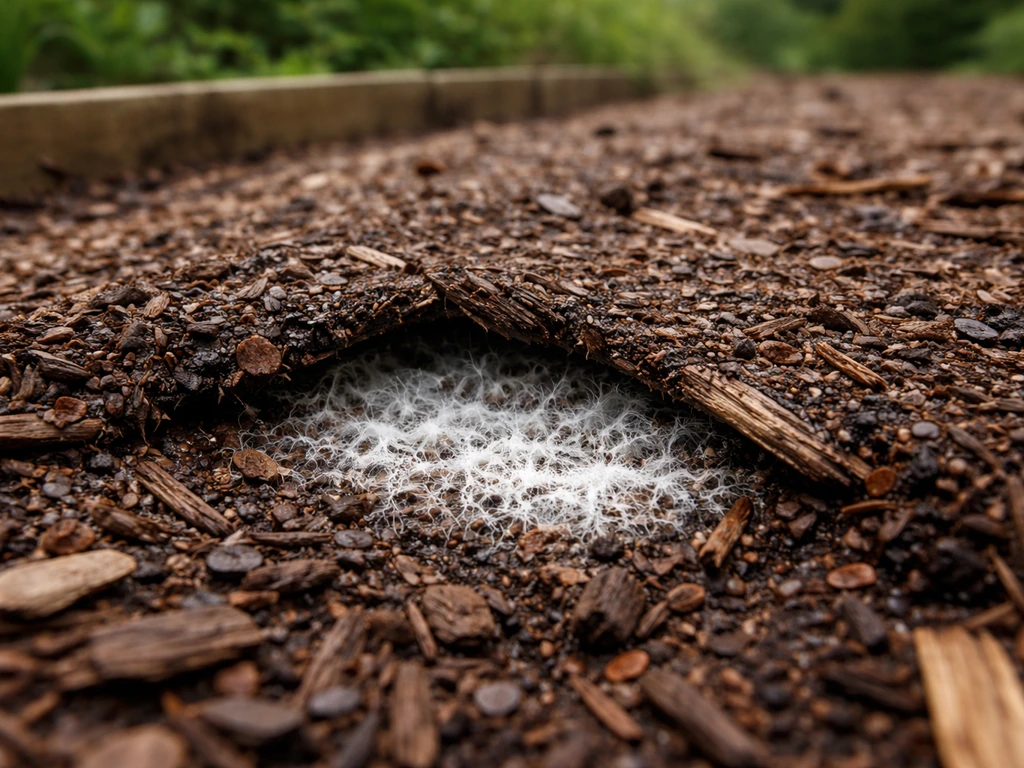 Close-up of an outdoor colonized chip bed with soil pulled back to reveal white mycelium.