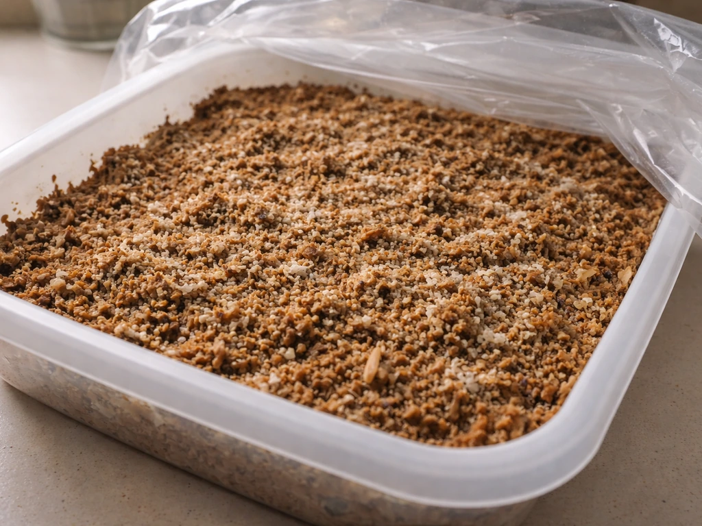 Close-up of moistened hardwood chips with spawn mixed in and a thin covering layer, under a plastic cover.