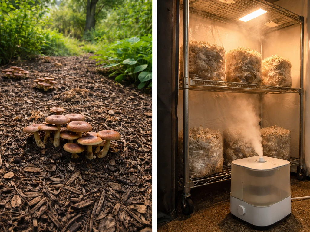 Split photo: outdoor wine cap bed beside an indoor grow area with humidified substrate shelves.