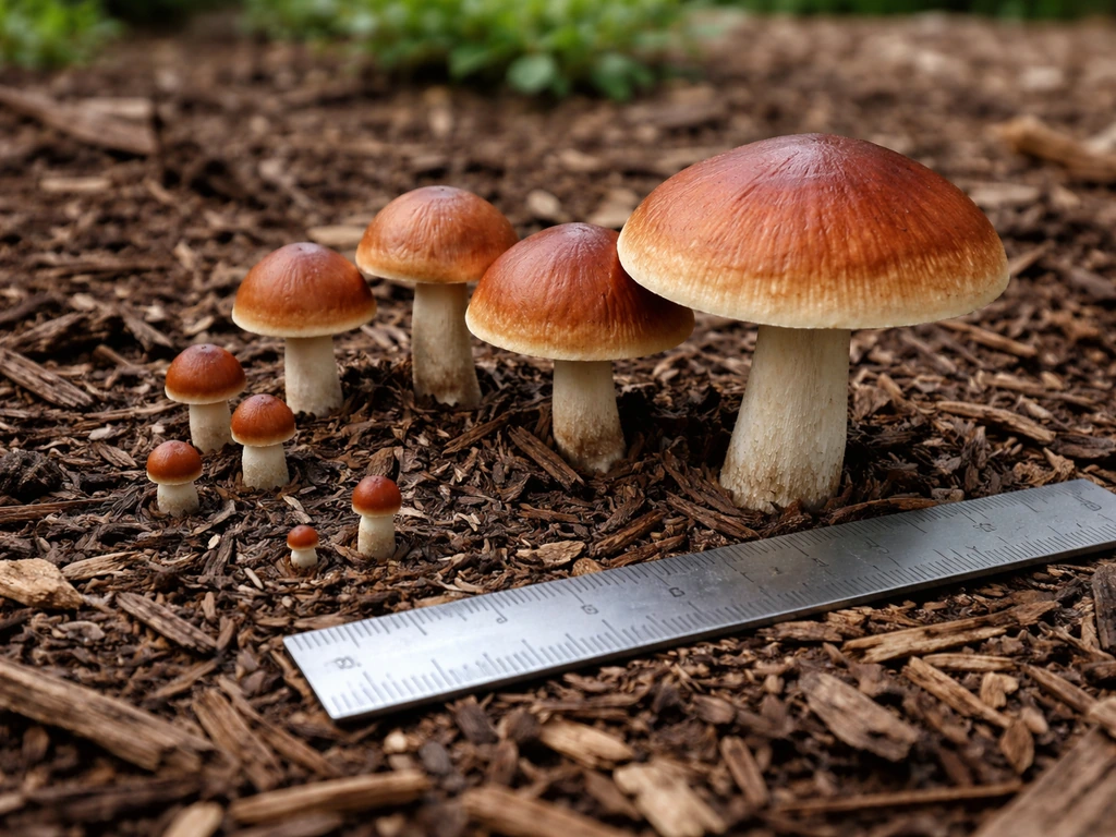Close-up of wine cap mushrooms transitioning from small pins to fully expanded caps beside a ruler for size