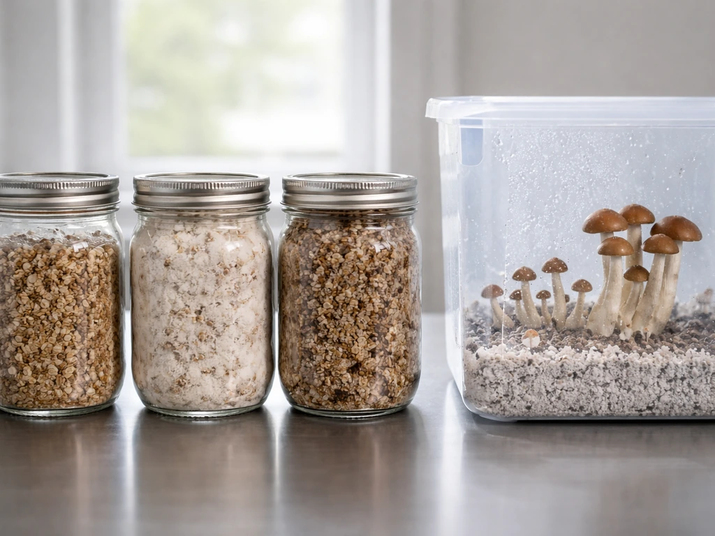 Close-up of grain jars progressing to a small fruiting chamber with mushroom pins forming