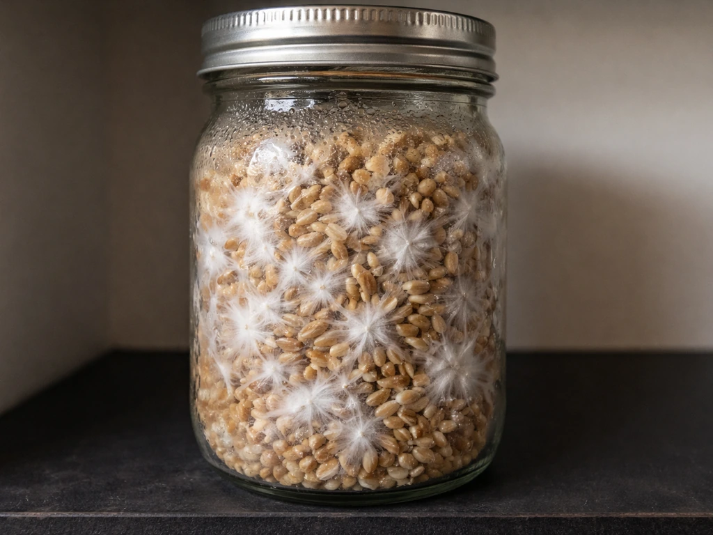 Clear jar of grain spawn with white mycelium spreading through the grains, early colonization stage.