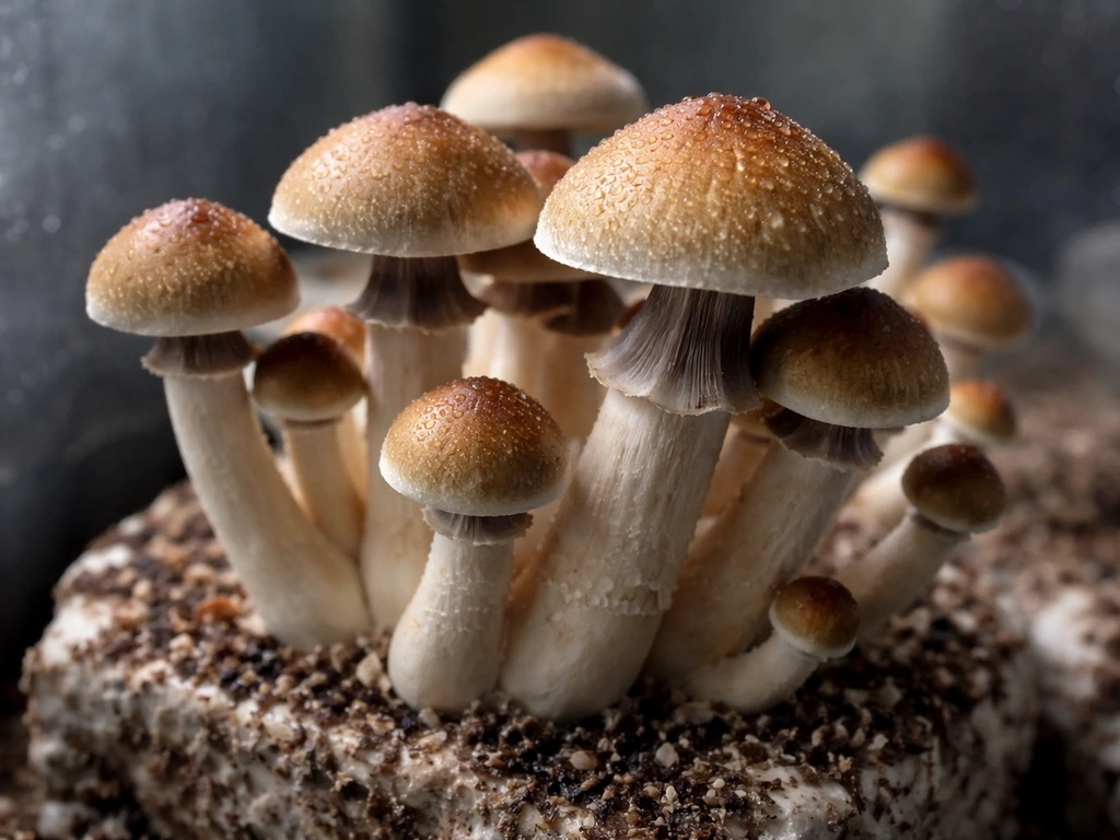 Maturing mushrooms with caps nearing the veil-opening harvest window in a humid grow setup.