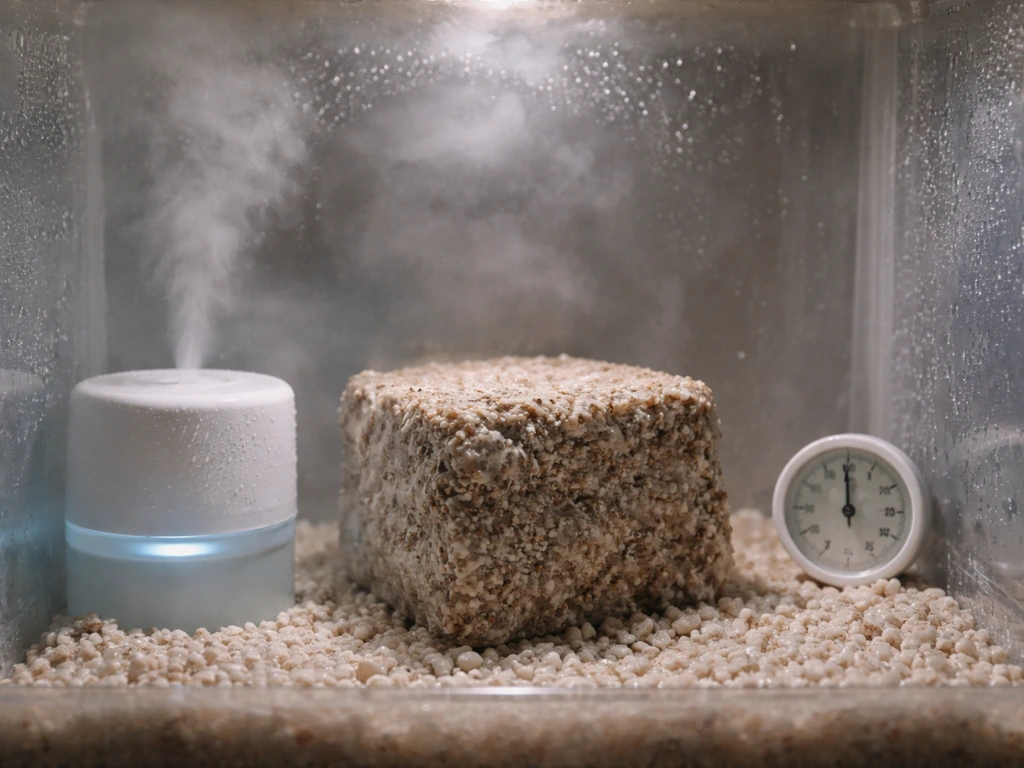 Humid fruiting chamber with mist and condensation, compact humidifier and non-readable hygrometer nearby.