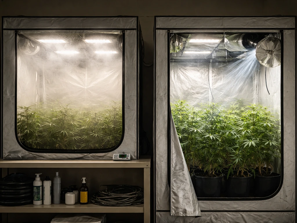 Minimal grow-room with one vented compartment showing airflow and one closed compartment suggesting stale air.