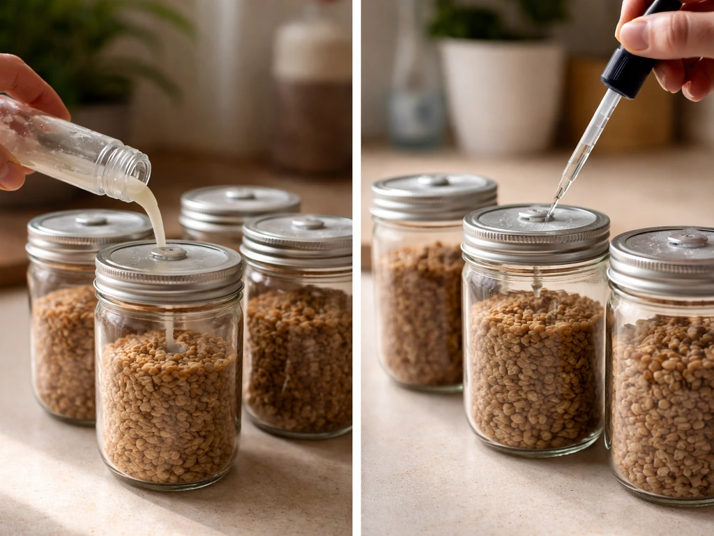 Split-screen of two anonymous mushroom cultivation setups: spore vial poured into grain vs dropper inoculation.