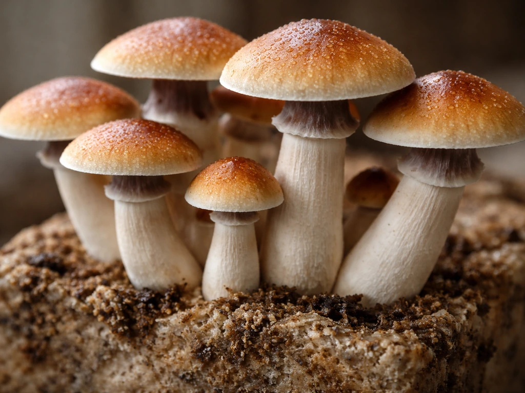 Close-up of large Psilocybe cubensis mushrooms growing on a bulk substrate block.