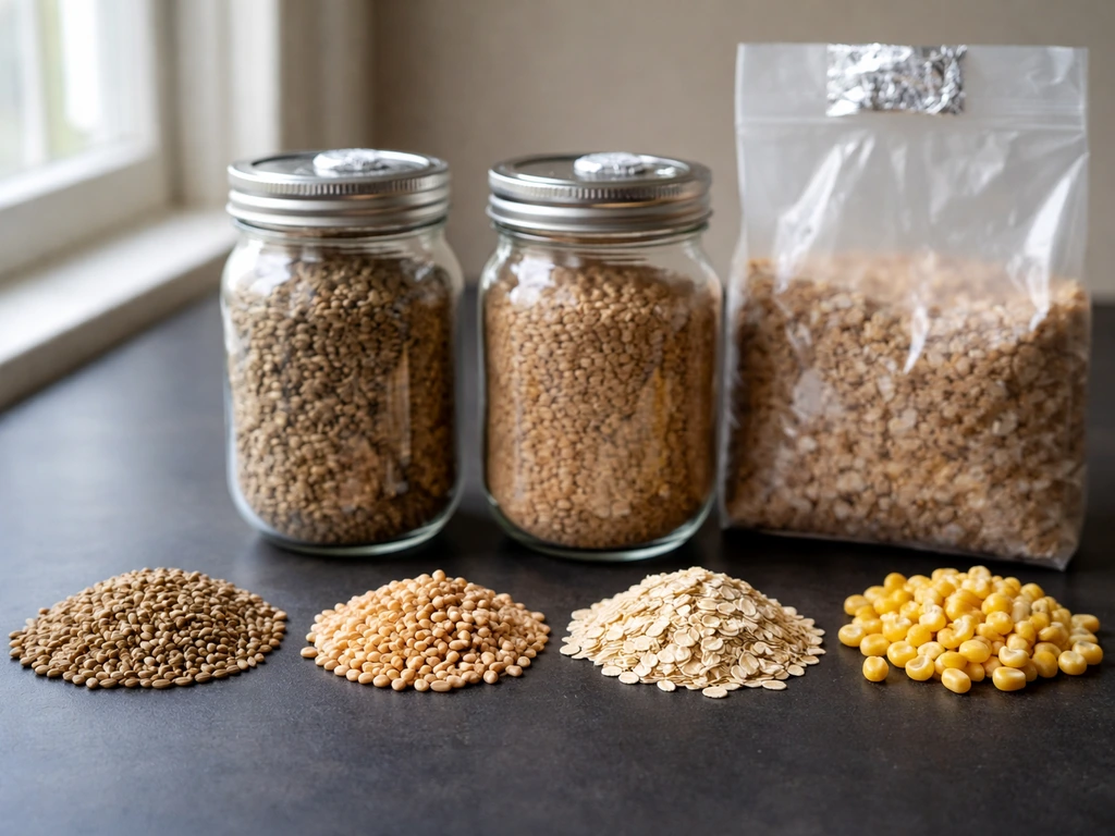 Grain spawn options (rye, wheat, oats, popcorn) next to clear mason jars and a prepared spawn bag.