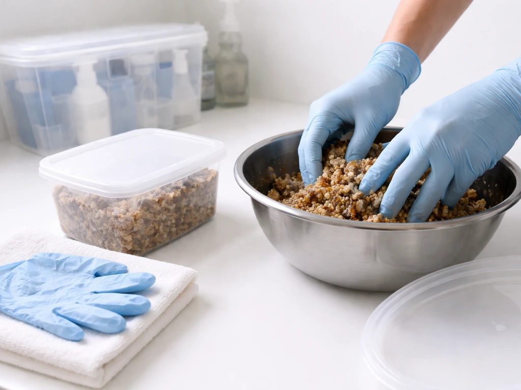 Gloved hands mixing covered spawn and substrate in a clean, contamination-controlled workspace.