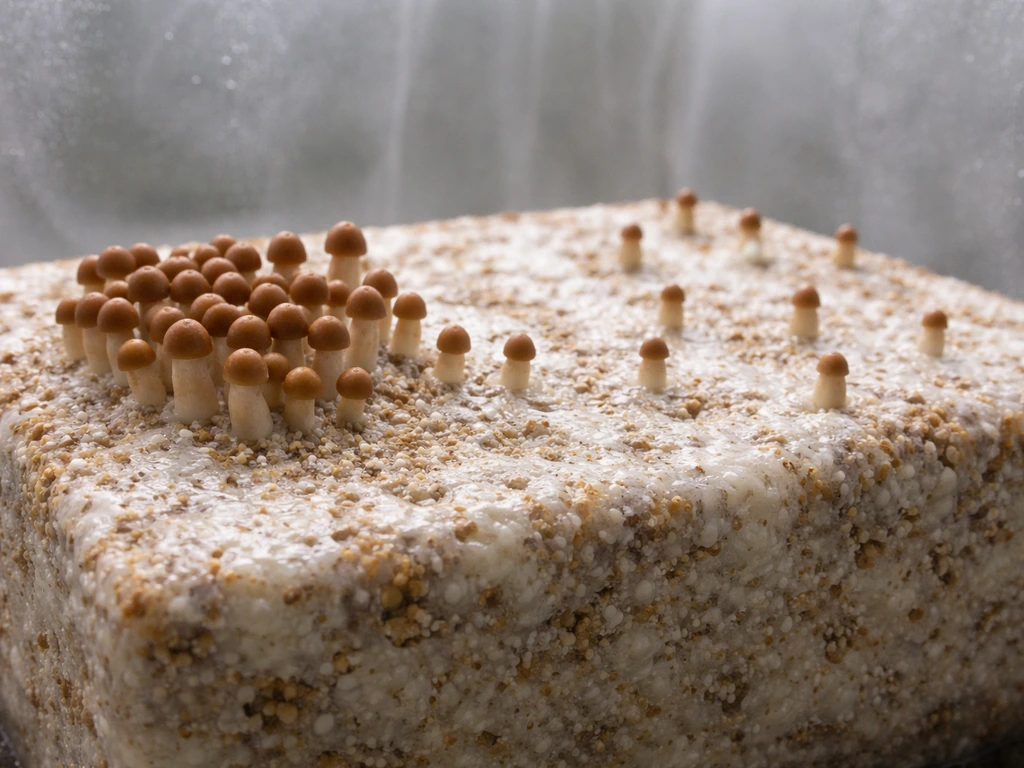 Close-up of a fruiting mushroom block with dense pins being carefully thinned into a healthier, spaced pinset