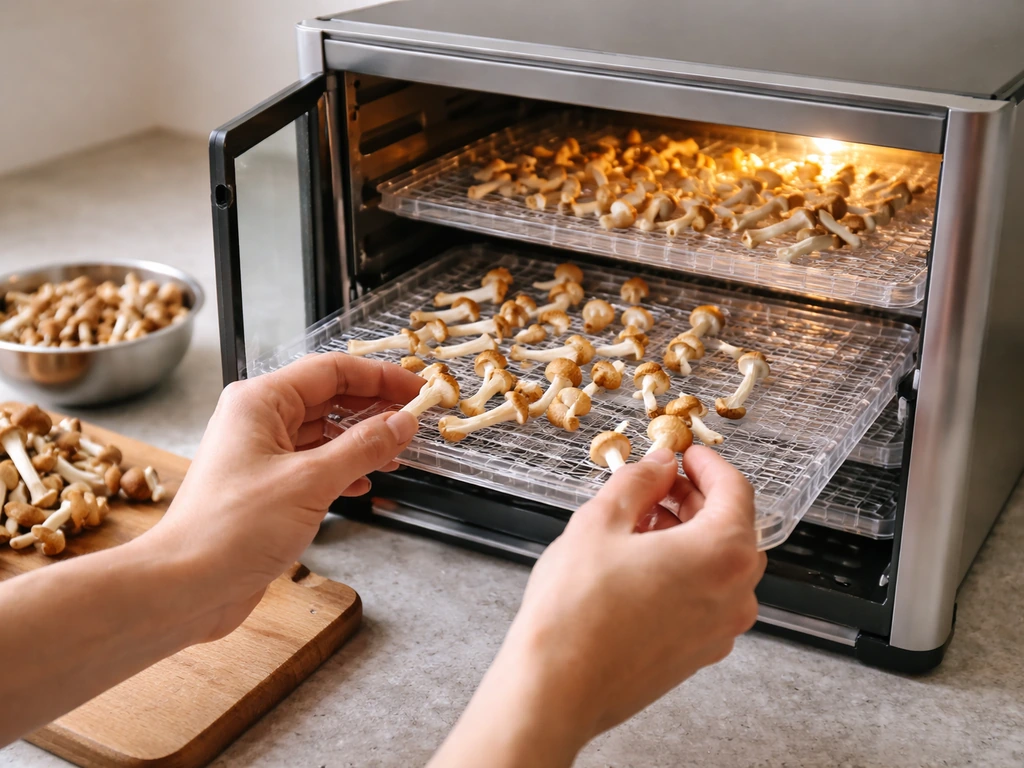 Anonymous hands loading freshly harvested mushrooms into a running food dehydrator on trays.