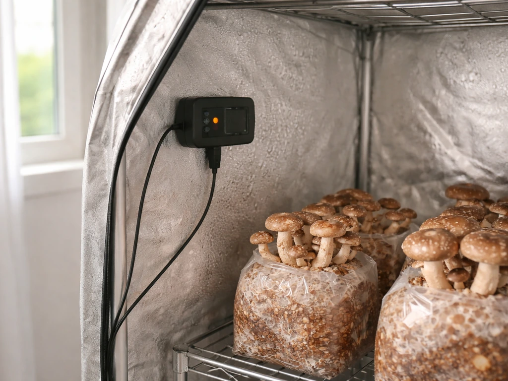Close-up of an insulated mushroom fruiting area with a temperature probe and controller near shiitake grow bags.