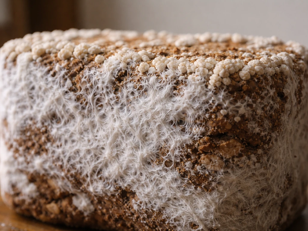 Close-up of a shiitake block with white rope-like mycelium and early popcorning readiness