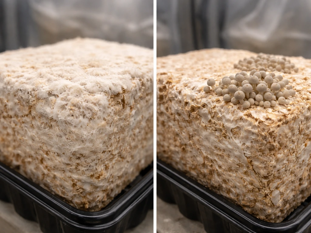 Side-by-side close-up of an oyster mushroom block: white mycelium colonization vs early pin formation.