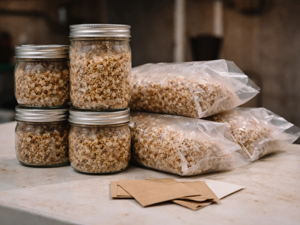 Close-up of oyster grain spawn jars and labeled containers ready for inoculation