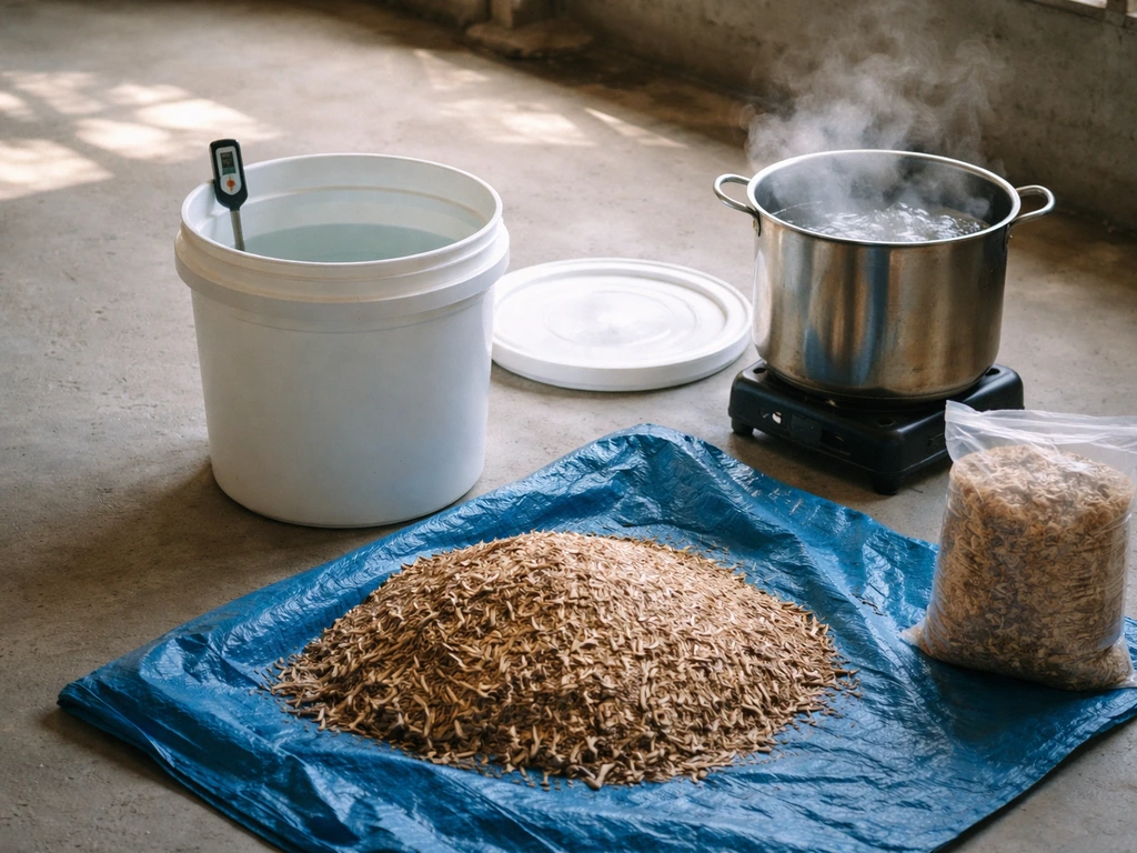 Mushroom substrate prep materials: bucket/tote, thermometer, boiling-water pot, and substrate bag/tarp laid out.