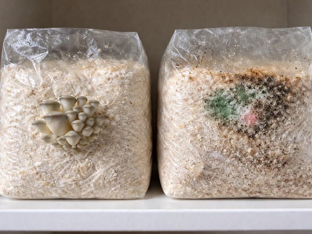 Healthy oyster pins on one grow block beside a second block with green/black/pink mold contamination.