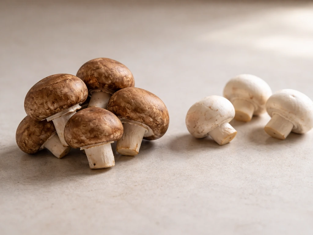 Small group of brown cremini/baby bella mushrooms beside a few white button mushrooms on a clean surface.