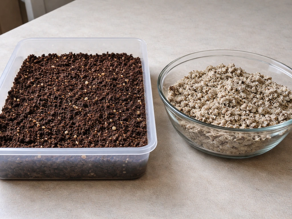 Close-up of a compost tub with spawn mixed in beside a bowl of hydrated casing material.