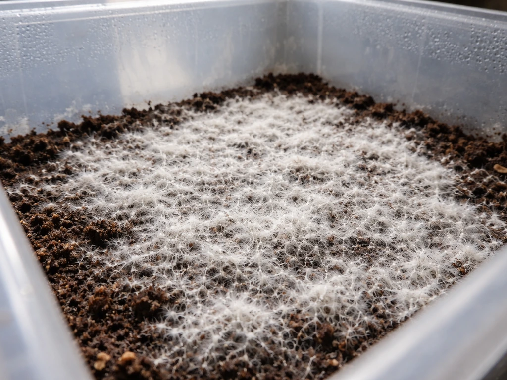 Close-up of dense white mycelium colonizing moist compost under a clear grow-container cover.