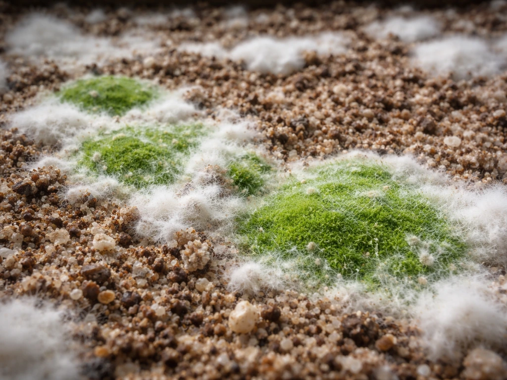 Bright green Trichoderma patches alongside white healthy mushroom mycelium on a grow bed surface.