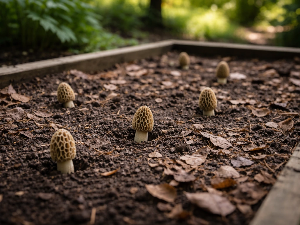 Partially shaded outdoor soil bed with a few emerging morel-like mushrooms in moist garden ground.