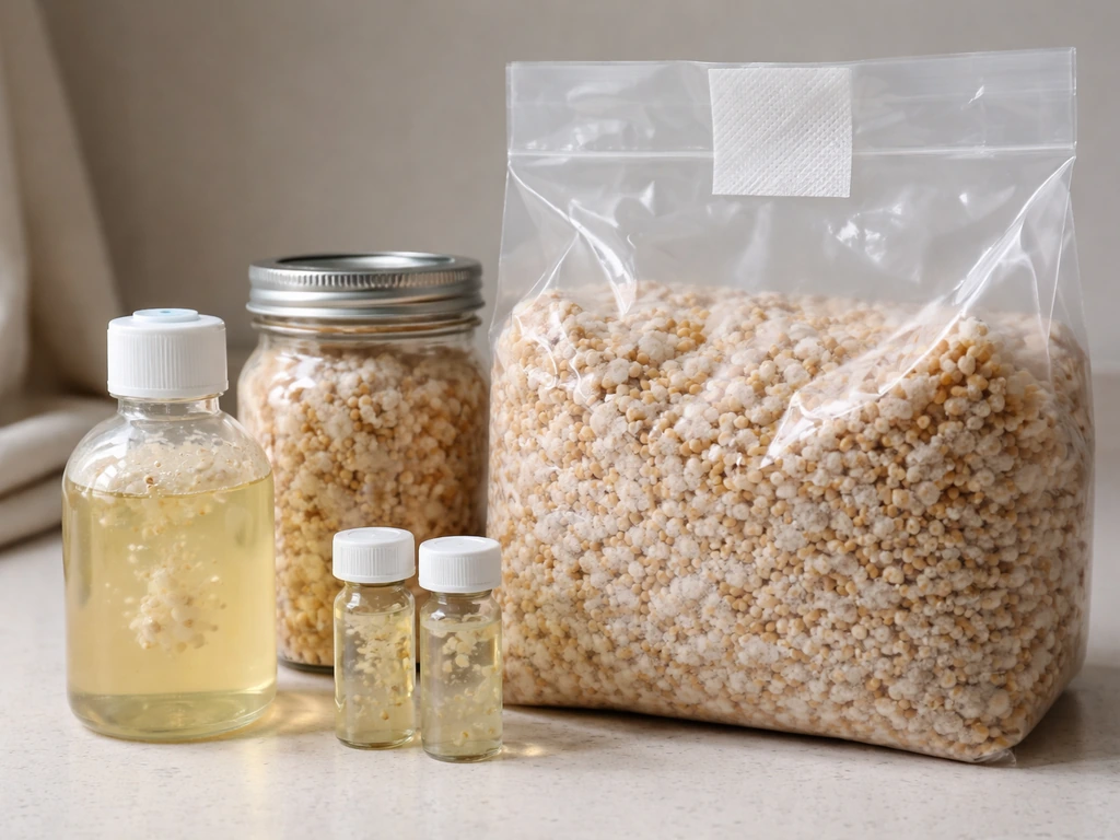 Close-up of sealed mushroom spawn containers and spawn medium on a countertop.