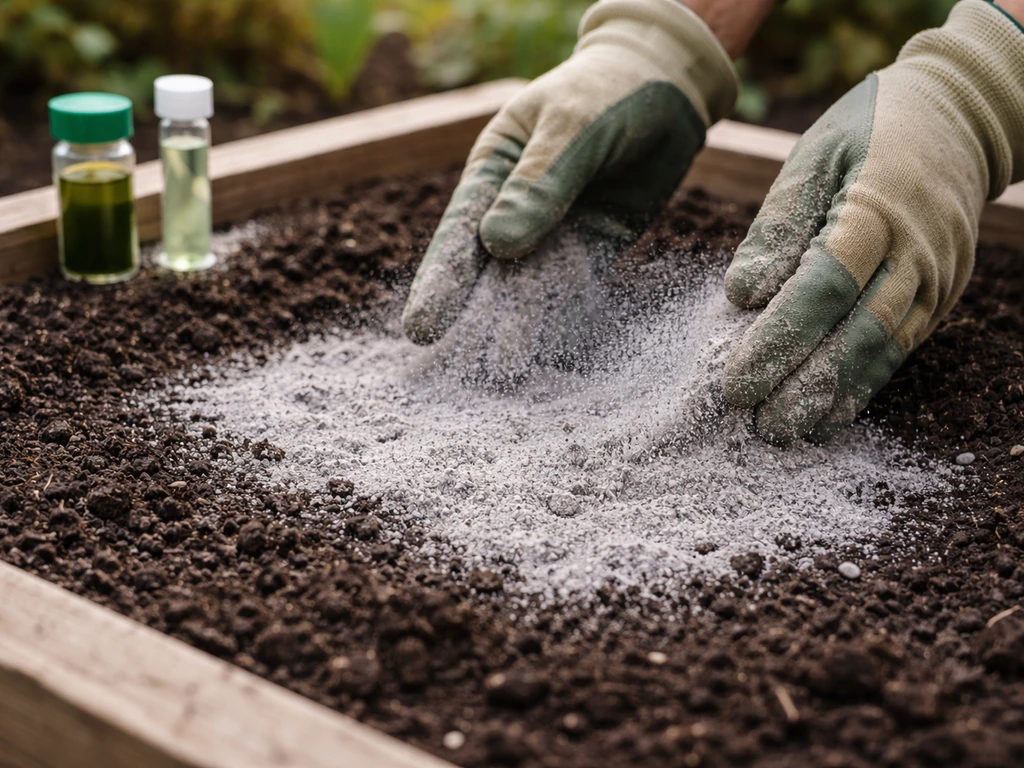 Hands spreading wood ash on garden soil beside a soil pH test kit in a simple outdoor bed.