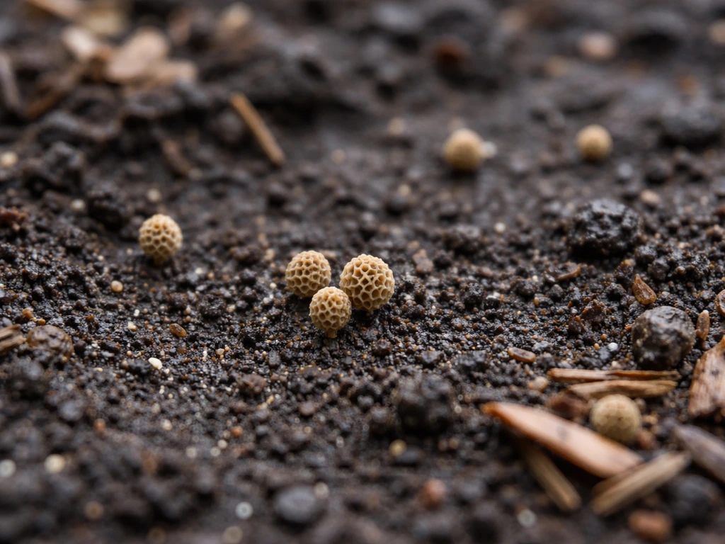 Morel-like honeycomb primordia emerging from dark spring soil in a quiet bed