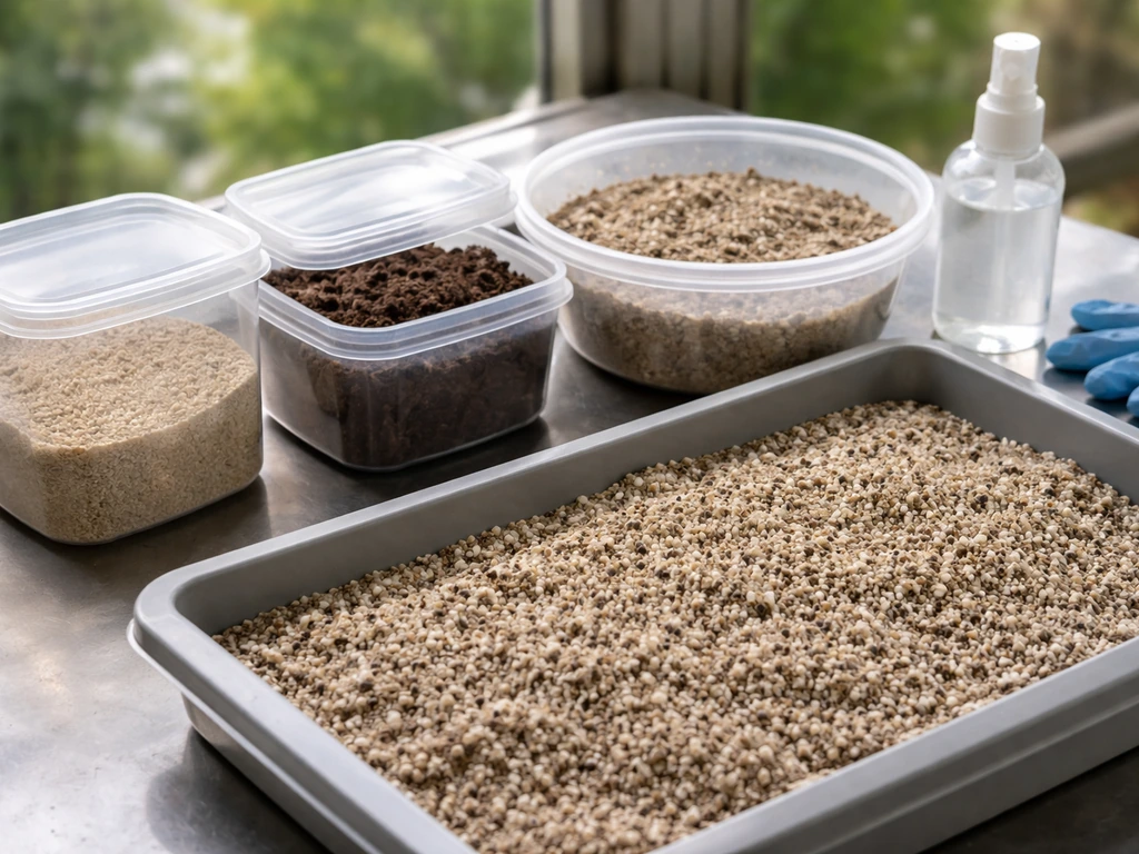 Close-up of sterilized truffle growing substrate in containers, ready for planting in a greenhouse