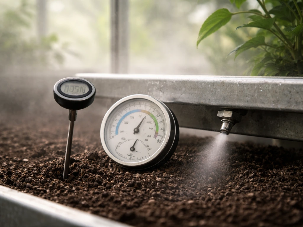Close-up in a greenhouse showing a soil probe, humidistat gauge, and gentle misting system.