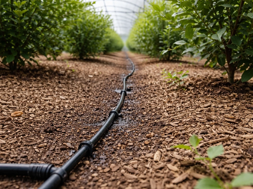 Drip irrigation tubing and emitter line under orchard mulch inside a greenhouse, with no standing water.