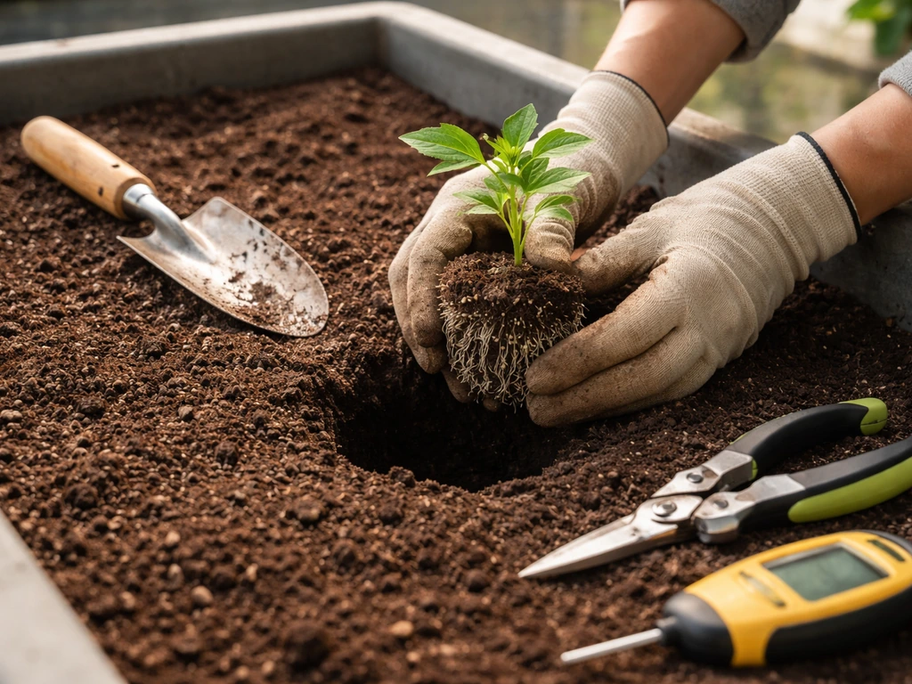 Hand placing inoculated roots into a prepared planting hole in a greenhouse with sanitized tools and pH meter