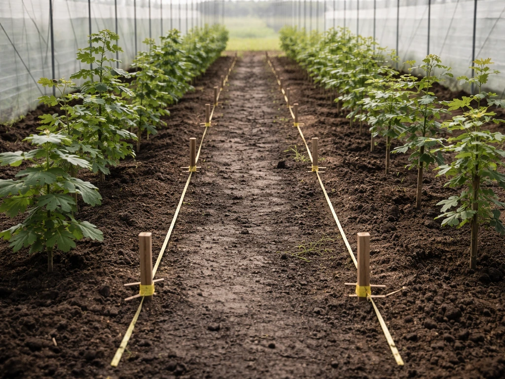 Greenhouse orchard with two sapling rows and simple ground markers showing different tree spacing and airflow paths.