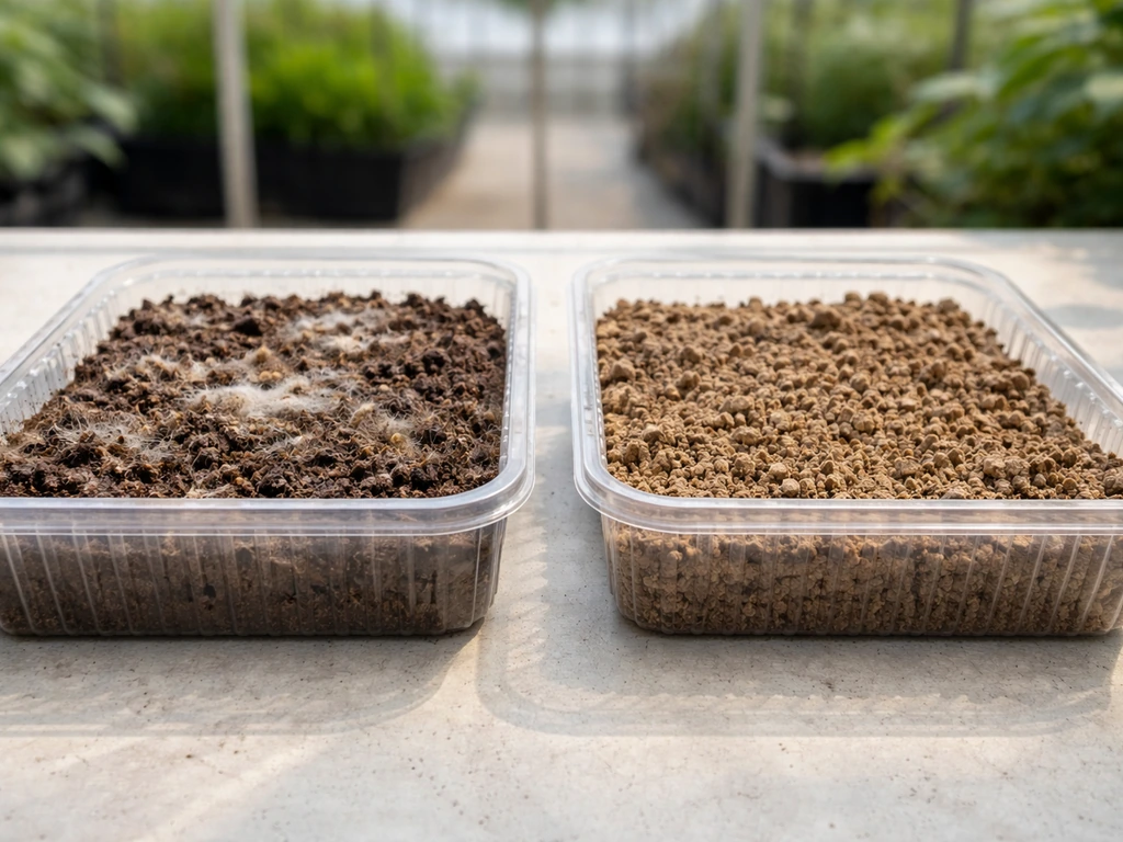 Side-by-side trays showing moldy truffle-growing substrate versus clean, dry control substrate in a greenhouse.