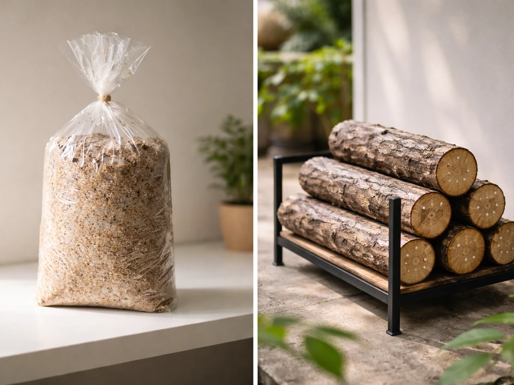 Side-by-side photo of an inoculated sawdust grow bag and inoculated hardwood logs for home cultivation.